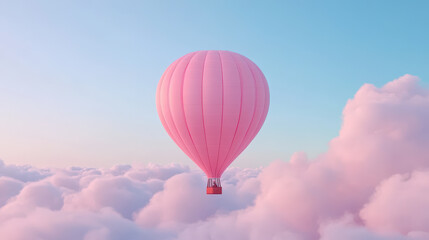 Obraz premium A pink hot air balloon floats gently among fluffy, pastel clouds against a serene blue sky, creating a dreamy and peaceful atmosphere.