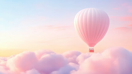 Fototapeta premium A white hot air balloon floats serenely above fluffy pink clouds at sunset, creating a dreamy and tranquil sky scene.