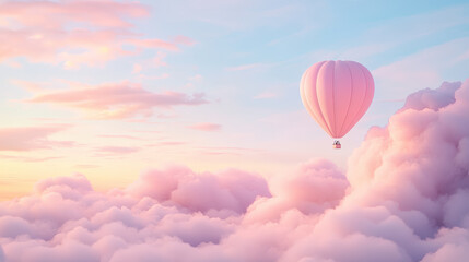 Fototapeta premium A pink hot air balloon floats peacefully above fluffy clouds, set against a serene sunset sky filled with soft pastel hues.