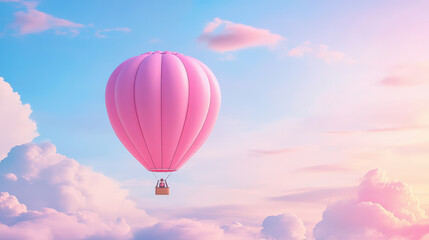 Obraz premium A pink hot air balloon gently floats through a serene sky, surrounded by pastel clouds at sunset, creating a dreamy, peaceful scene.