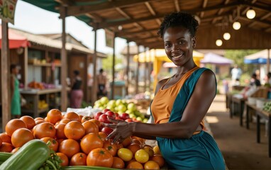 Fototapeta premium woman in an orange shirt and a red headband smiling at the camera. She is standing in front of a wooden rack filled with fruits and vegetables, with a few other people in the background. 