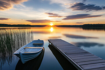 Obraz premium Lake at sunset, with small wooden dock leading out to calm waters, lone rowboat gently floating. Generative AI