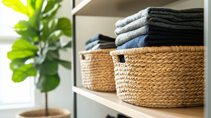 Fototapeta premium A beautifully organized closet featuring woven baskets lined up on open shelves, neatly folded sweaters and shirts, and a vibrant potted plant in the corner, creating a perfect ble