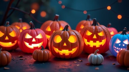 Collection of colorful and creepy halloween pumpkins with unique faces