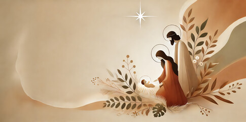 Nativity scene in Bethlehem. Watercolor painting. Christmas scene illustration showing holy family baby Jesus in the manger Joseph and Mary. Banner.Copy space