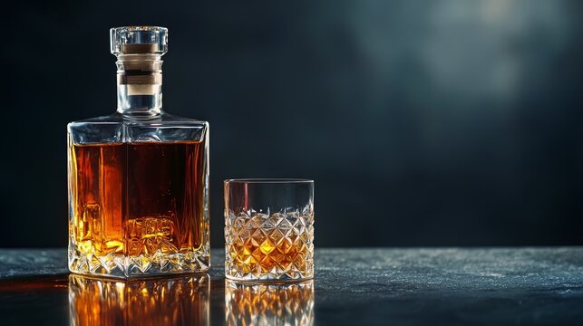 A decanter of amber liquid and a glass with ice cubes on a dark background.