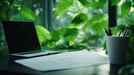 An architect's desk, with blueprints laid out and surrounded by green foliage, symbolizes the balance between innovative building practices and respect for the natural world.
