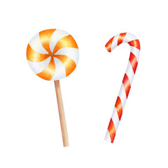 Round lollipop on wooden stick and candy cane. Set of Christmas caramels in red, orange and white stripes on isolated background. Watercolor illustration of holiday sweets hand drawn. For design, card