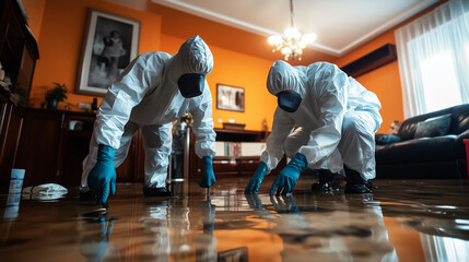 Workers in protective suits and gloves carefully remove damaged furniture from a flood-affected room, where water still lingers on the floor, emphasizing the precision of water dam