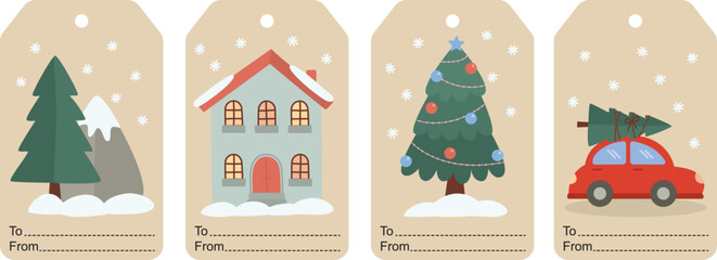 Set of Christmas greetings tags. Winter labels with pines, car, house and snow © Olga Dykun