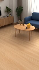 This modern living room showcases a spacious layout with a blue sofa and wooden table, complemented by elegant Japanese-style decor and warm wooden flooring