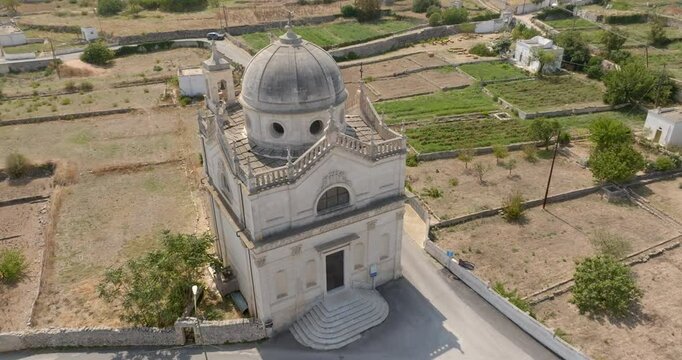 Aerial view of the Madonna della Grata sanctuary in Ostuni, in the province of Brindisi, in Puglia, Italy. It is a small temple in eclectic style.