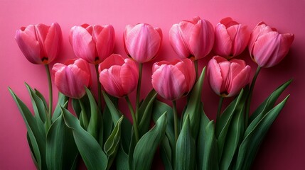 Fototapeta premium Bouquet of pink tulips flowers on pastel pink background. 