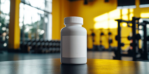 A white supplement bottle with a blank white label sits on a table in a gym. The background features yellow walls and barbells. This is a product photography shot, captured with a