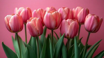 Naklejka premium Bouquet of pink tulips flowers on pastel pink background. 
