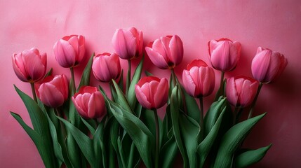 Fototapeta premium Bouquet of pink tulips flowers on pastel pink background. 