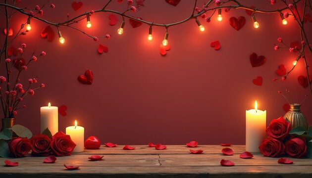 Blank center space surrounded by heart garlands, candle-lit tables, and anniversary mementos