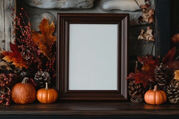 blank dark wooden frame mockup sitting on a fireplace with fall decorations 