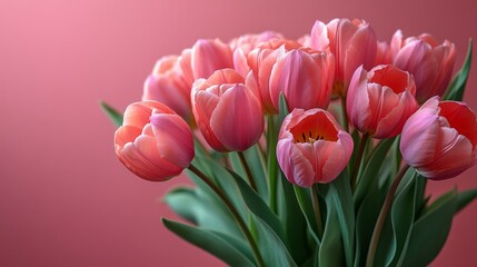 Obraz premium Bouquet of pink tulips flowers on pastel pink background. 