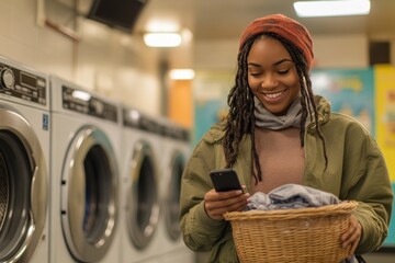 Cheerful young woman at laundromat laundry basket in one hand, mobile phone in the other