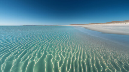 Fototapeta premium The clear blue sky, the vast sea, and the beach beneath it create an endless horizon of light, white sand and crystal-clear water. The ripples on the edge reflect sunlight in shade
