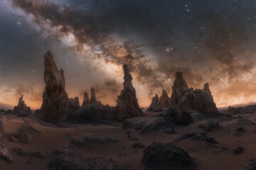 Breathtaking image of the milky way above an otherworldly desert with towering rock formations