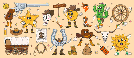 Fototapeta premium Cartoon retro 70s 80s groovy Wild West Western characters. Hippie personages of vector cowboy hat, sheriff star and skull, funny gun, horseshoe, sun and desert cactus, wood wheel and wanted poster