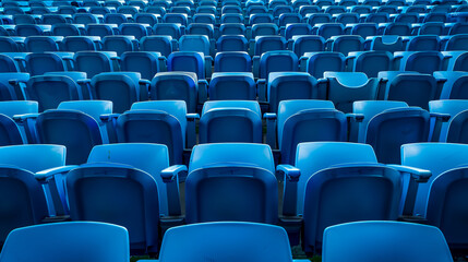 Naklejka premium Niebieskie trybuny: Siedzenia trybun na stadionie sportowym. Pusta arena zewnętrzna. Koncepcja kibiców. Krzesła dla publiczności. Koncepcja środowiska kulturowego. Kolor i symetria.