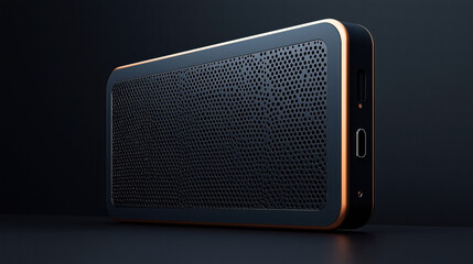 Obraz premium Black and orange portable Bluetooth speaker with mesh grill design on a dark background.