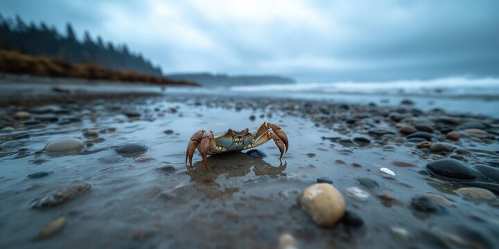 A fiddler crab on a rugged shoreline at low tide in winter