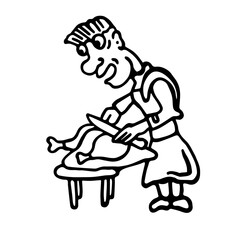 
A whimsical black-and-white cartoon illustration of a chef carving a roast on a table with a cheerful expression