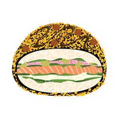 Sushi burger with salmon meat, onion, rice, avocado and masago caviar and cream cheese fried in breadcrumbs isolated on white background. Hand drawn vector illustration in flat style