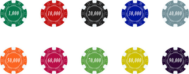 Casino, Poker, Gambling Betting Chip Token or coin vector isolated on white background. Realistic casino chips. Poker chips color vector collection. Poker gambling bet : 1 to 90000$. Vector