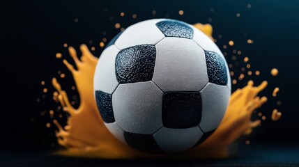 Fototapeta premium Close-up of a soccer ball with a textured surface amidst a dynamic splash of orange liquid against a dark background