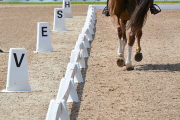 Closeup of a horse's hooves as it makes its way down the fence in a dressage competition.
