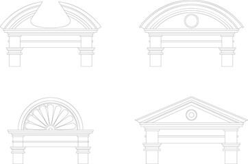 Ancient pediments. Architecture temple facade with ancient pillars. Antique architectural. Vintage architecture. Simple isolated line vector illustration collection.