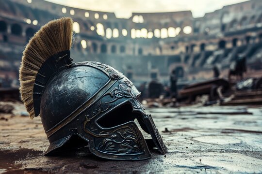 Gladiator helmet resting on arena floor with coliseum in background  a blend of history and fantasy