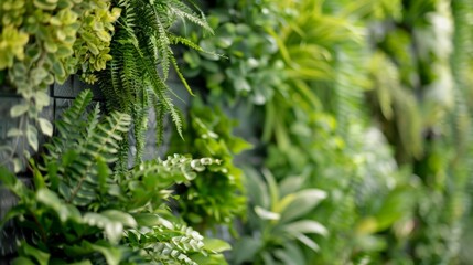 Fototapeta premium Lush green wall brings nature indoors, creating a tranquil atmosphere with botanical foliage. It symbolizes growth, promotes green living, and enhances air purity