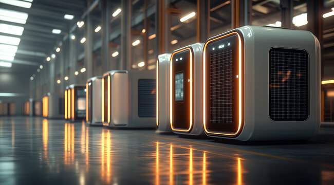A row of high-tech, futuristic-looking smart storage boxes with solar panels on the sides in an empty warehouse. The scene is illuminated by soft light and features a sleek design.