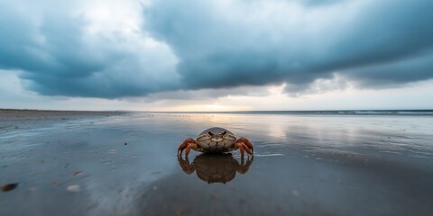 A sand crab scuttling along a wet, windswept beach in autumn
