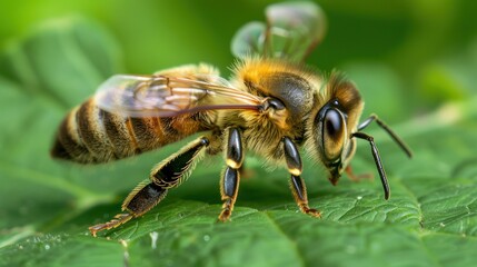 Close-up of a Honeybee on a Green Leaf