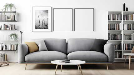 Modern living room with a gray sofa, framed artwork, and bookshelves. Minimalist decor featuring a round coffee table and indoor plants on shelves.