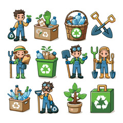 Gardening and recycling supplies with people working. Ideal for ecofriendly concepts, sustainable living, gardening, waste management, and environmental education designs.