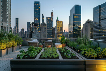 Fototapeta premium Urban rooftop garden with raised beds, potted plants and seating area overlooking a city skyline at dusk. Generative AI