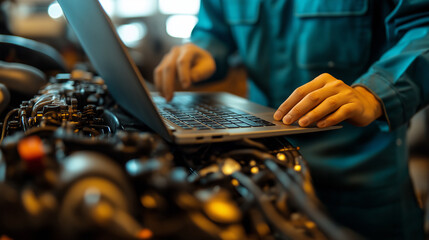 Close up photo of a middle age asian auto mechanic checks vehicle engine diagnostics using a laptop computer on the table next to car in the garage of an auto repair shop.