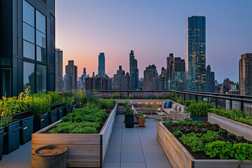 Fototapeta premium Urban rooftop garden with raised beds, potted plants and seating area overlooking a city skyline at dusk. Generative AI