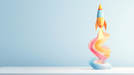 A vibrant rocket soaring upwards, surrounded by a colorful swirl of smoke. Ideal representation of innovation and ambition.