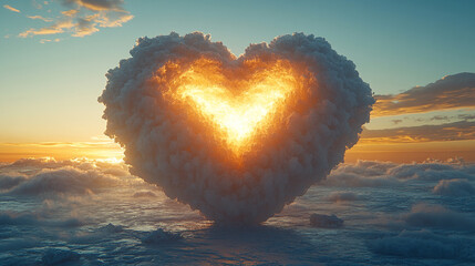 Fototapeta premium heart-shaped, white fluffy cloud floats gently against a bright blue sky, symbolizing love, peace, and purity. The vibrant scene captures nature’s beauty and evokes calm and happiness