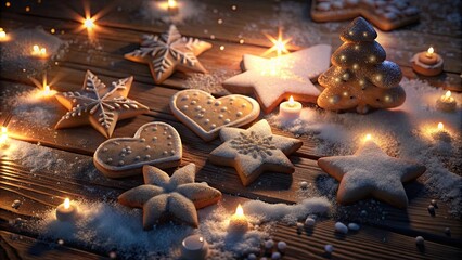Christmas cookies lay on a wooden table. A festive dinner.
