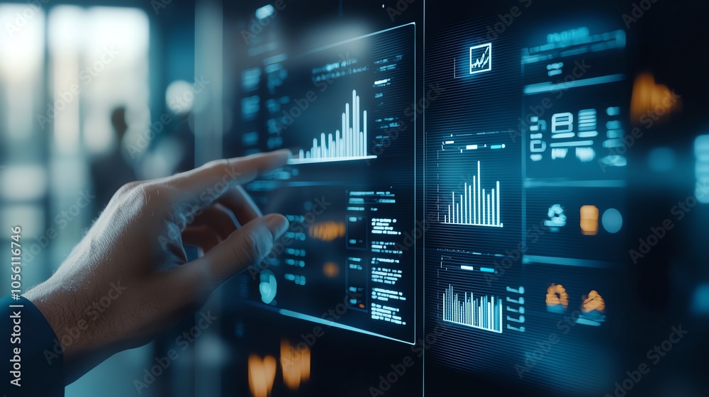 Poster a hand interacting with a digital dashboard, showcasing graphs and data metrics for analysis in a fu